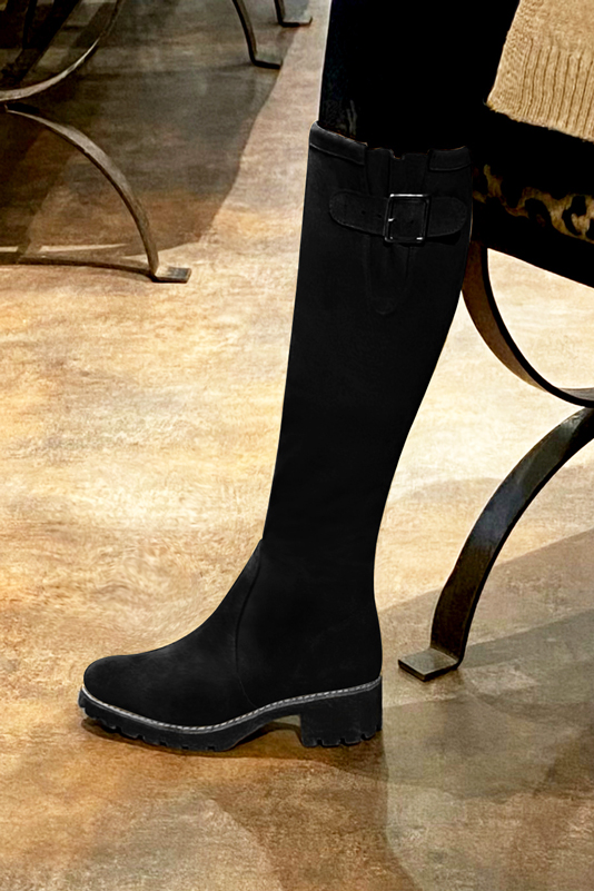 Matt black women's knee-high boots with buckles.. Made to measure. Worn view - Florence KOOIJMAN
